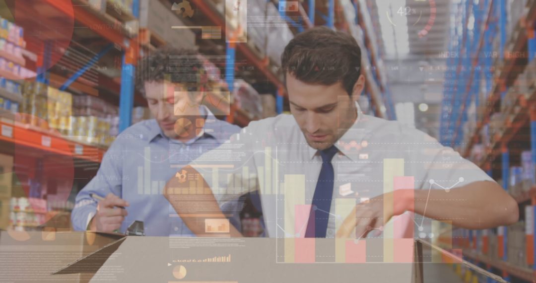 Caucasian Warehouse Team Processing Inventory with Digital Data Overlay
