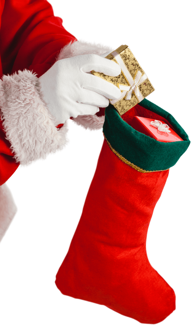 Santa Claus Placing Gifts in Transparent Christmas Stocking