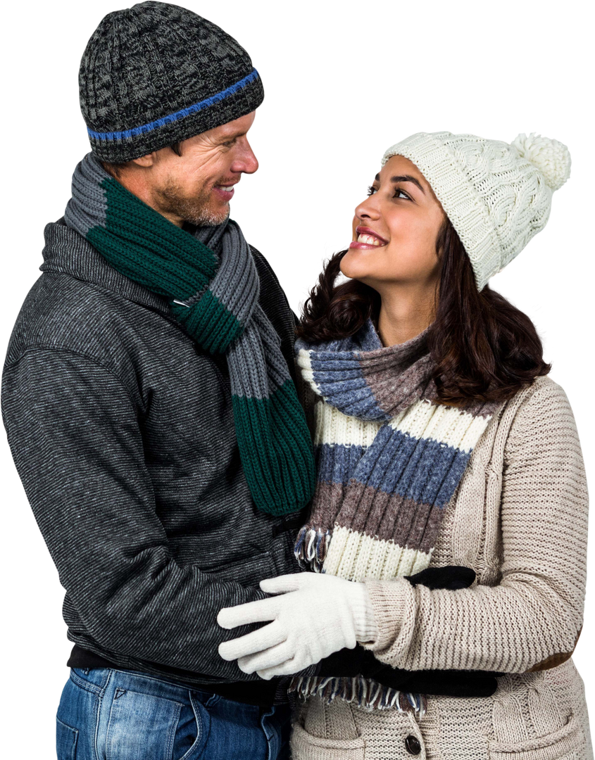 Smiling Couple in Winter Clothing Enjoying Hot Drinks on Transparent Background - Download Free Stock Images Pikwizard.com