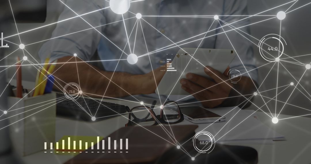 Businessman Using Tablet with Digital Data Network Overlay