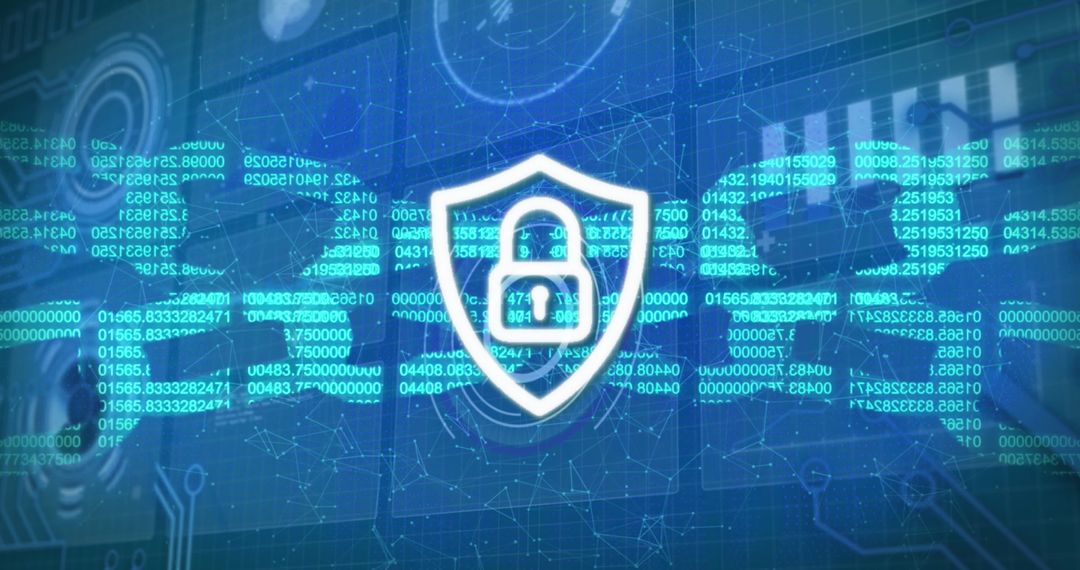Digital Security Shield with Blockchain Data on Blue Background