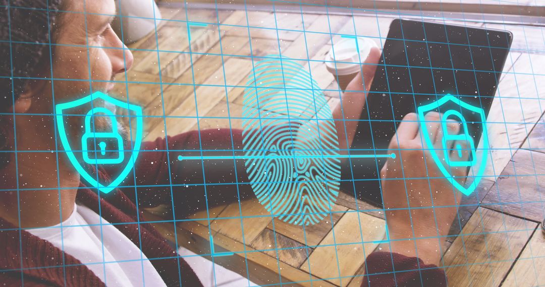 Man Using Tablet with Biometrics Security Overlay