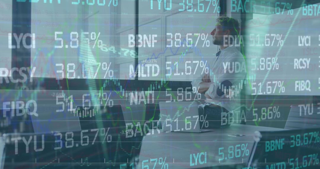 Business Professionals Analyzing Financial Metrics with Data Overlay