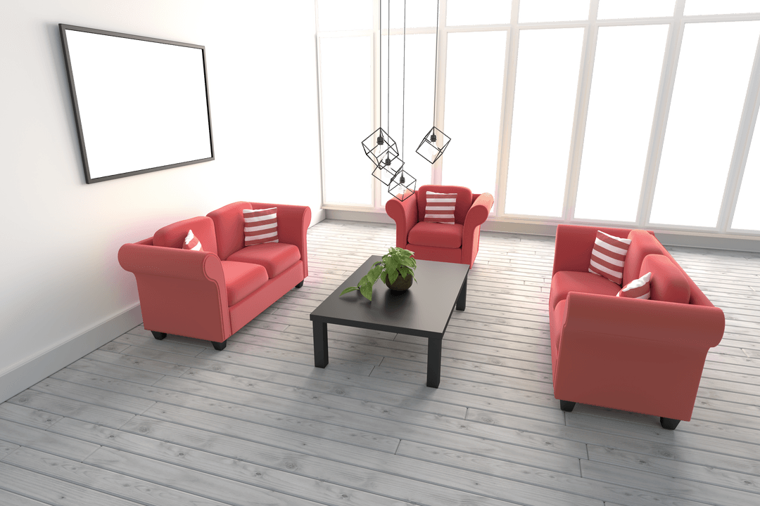 Transparent Modern Living Room Interior with Red Sofas and Black Table