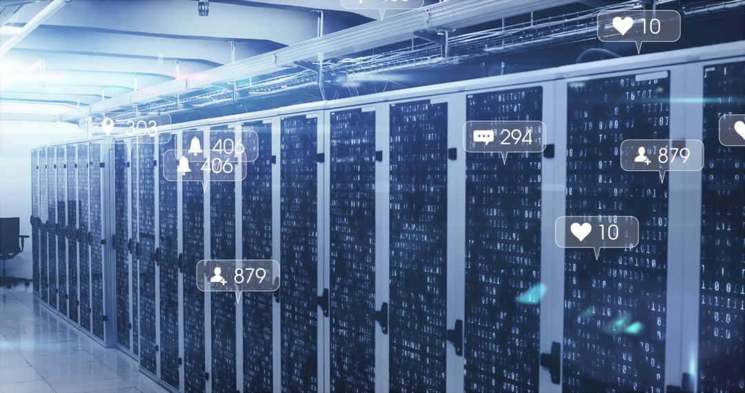 Digital Networking in Modern Server Room with Social Media Elements
