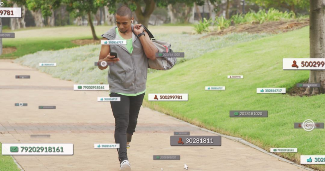 Man Engaged with Smartphone Among Digital Notifications