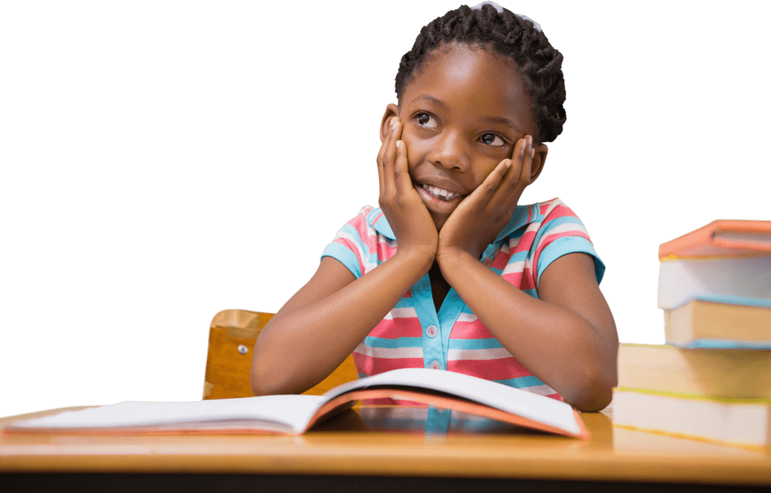 Joyful Pupil Enthralled by Reading on Transparent Background