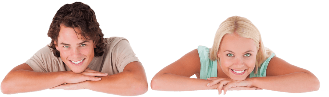 Smiling Couple Resting on Elbows for Transparent Background Use
