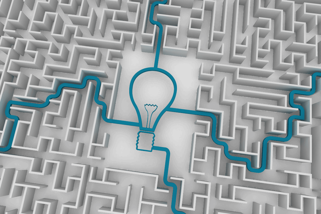 Transparent Light Bulb within Maze, Solving Puzzle Concept