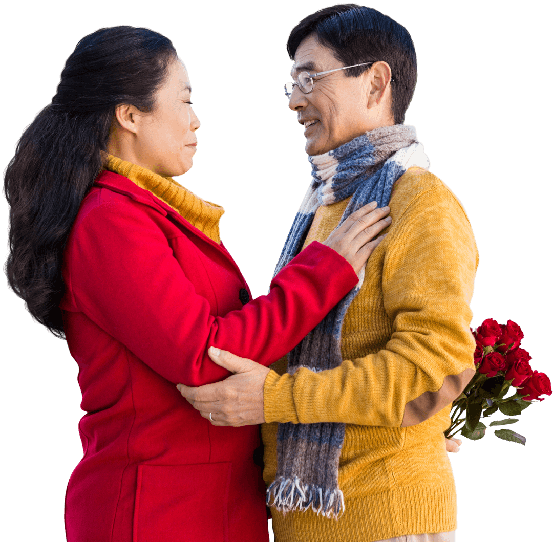 Transparent Senior Couple Embracing with Roses