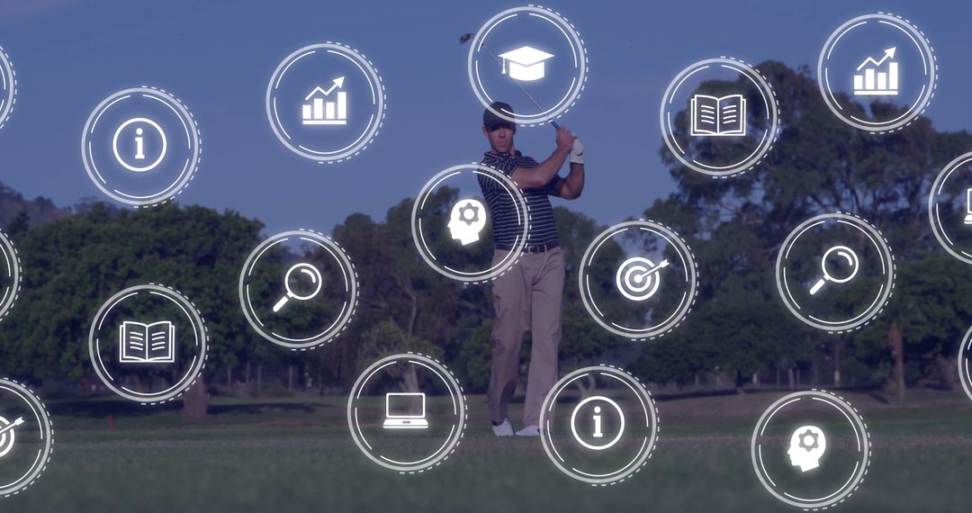 Golfer Swinging on Fairway with Overlay of Data Icons