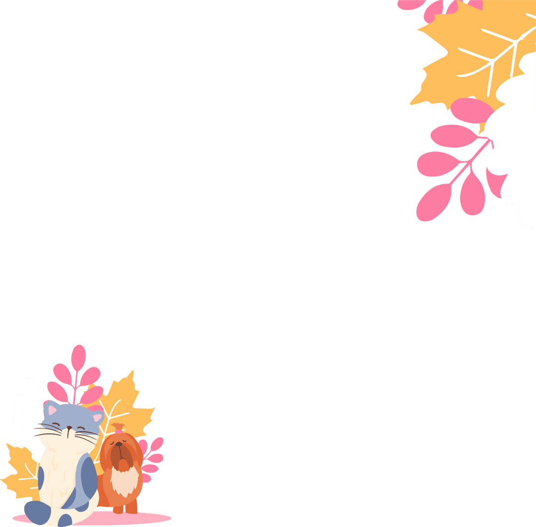 Cartoon Cat and Dog with Autumn Leaves on Transparent Canvas