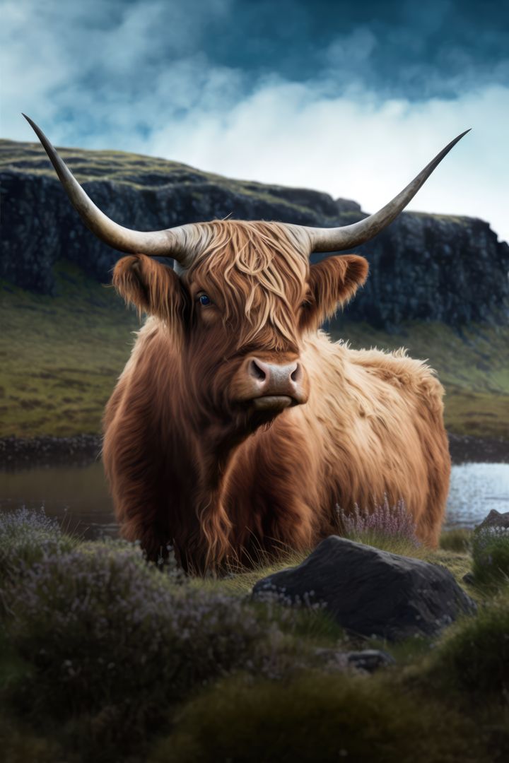 Portrait of highland cow standing in grass in mountains, created using generative ai technology - Free Images, Stock Photos and Pictures on Pikwizard.com