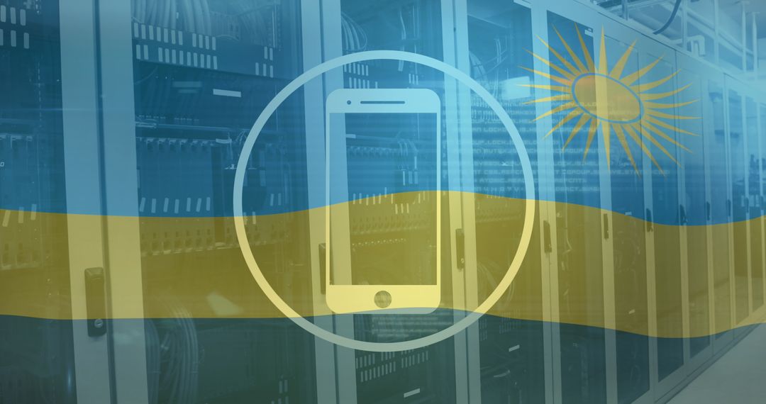 Rwandan Technology Emblem with Smartphone and Server Background