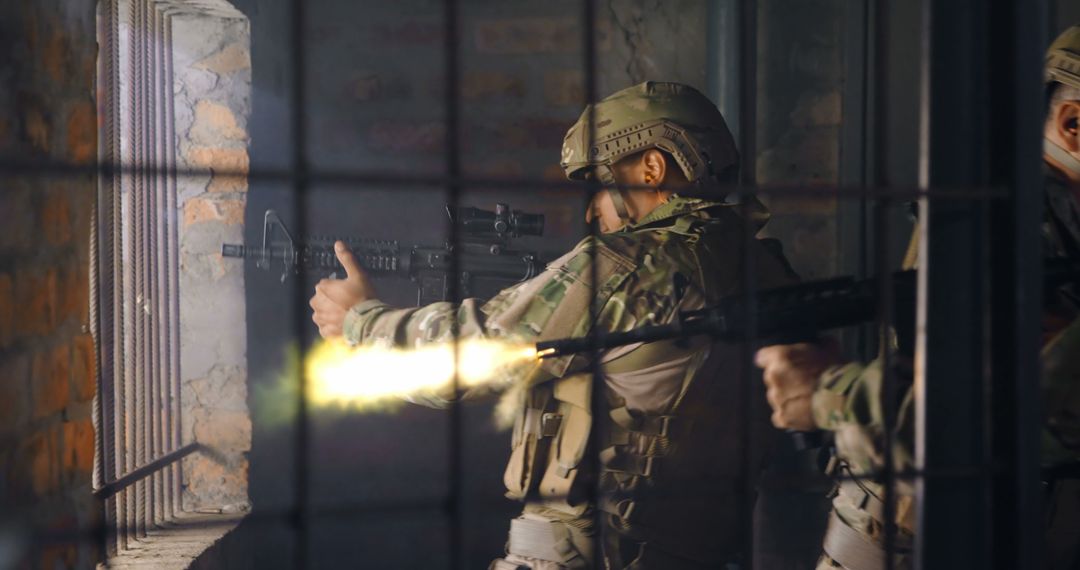 Soldiers Practicing Rifle Combat in Urban Setting