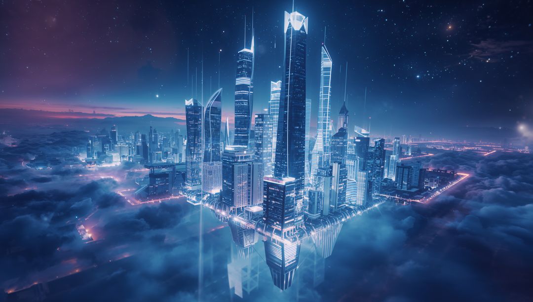 Futuristic Cityscape Above the Clouds with Neon Glow