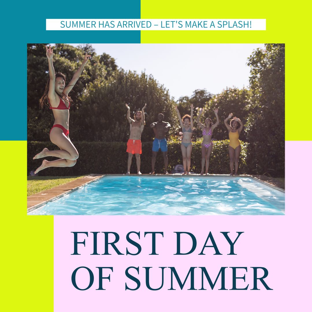 Group of Friends Celebrating First Day of Summer by Pool