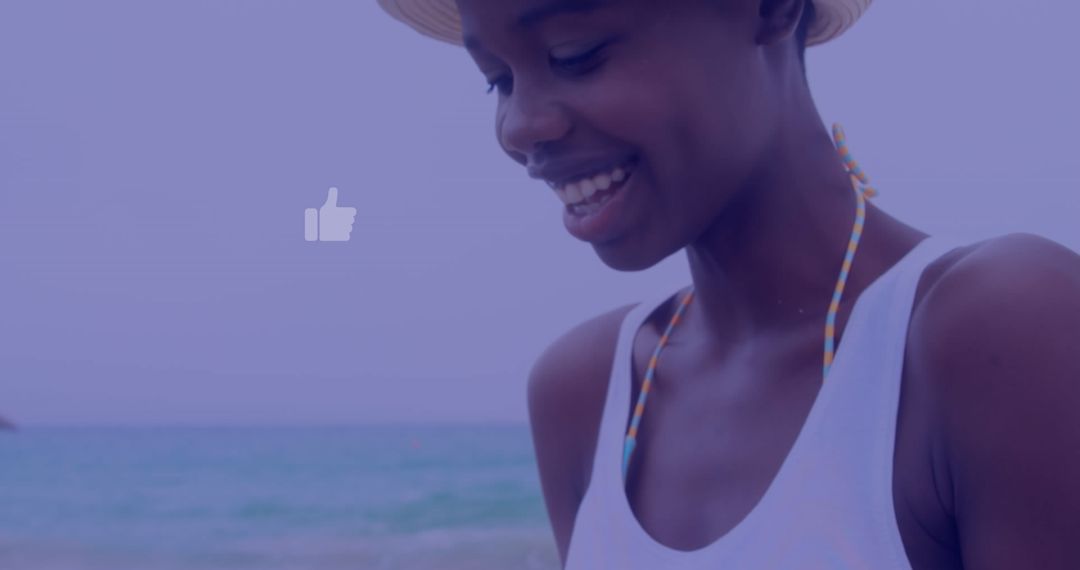 Smiling Woman Enjoying Social Media by the Beach