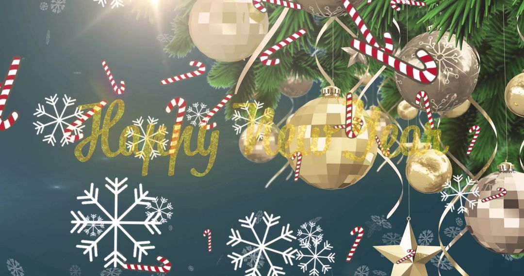 Festive Christmas Tree with Candy Canes and Snowflakes Falling