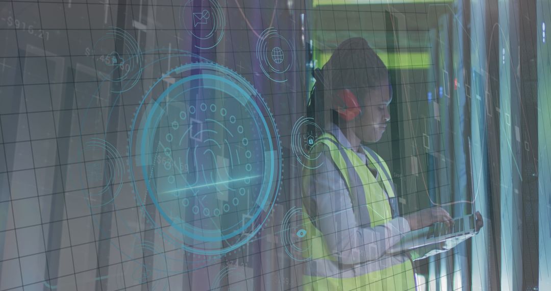African American Worker Analyzing Data in High-Tech Server Room