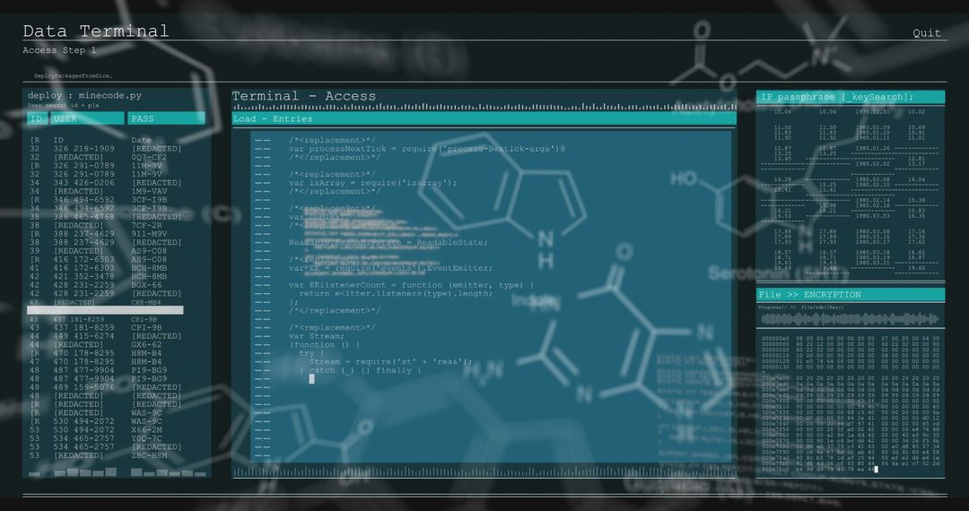 Futuristic Data Interface with Code and Molecular Designs