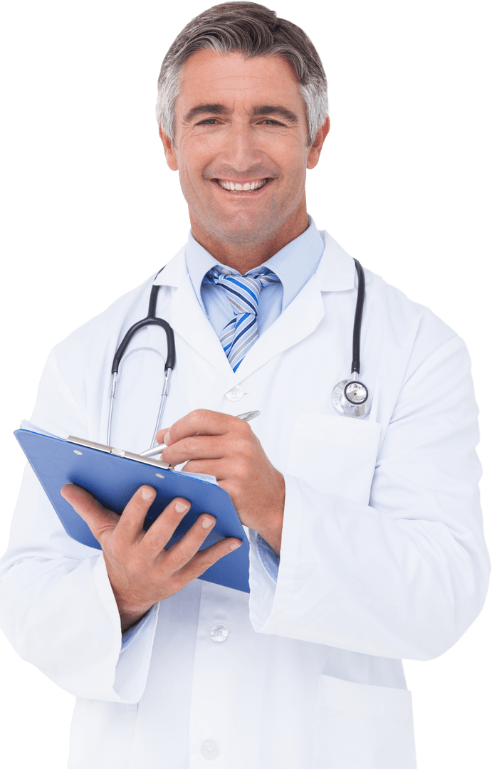 Friendly Doctor Writing on Clipboard with Transparent Background