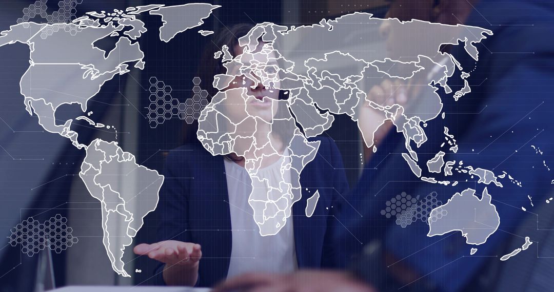 Colleagues Collaborating on Digital World Map Display