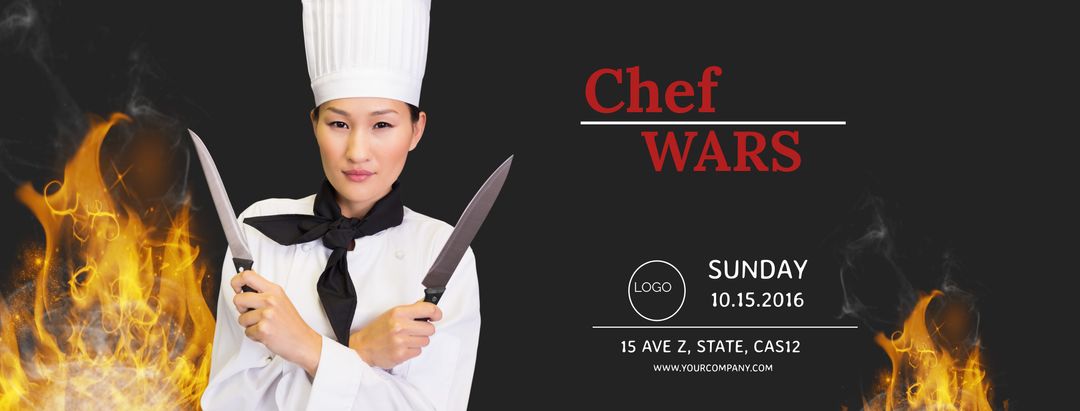 Intense Culinary Competition with Chef and Fiery Background