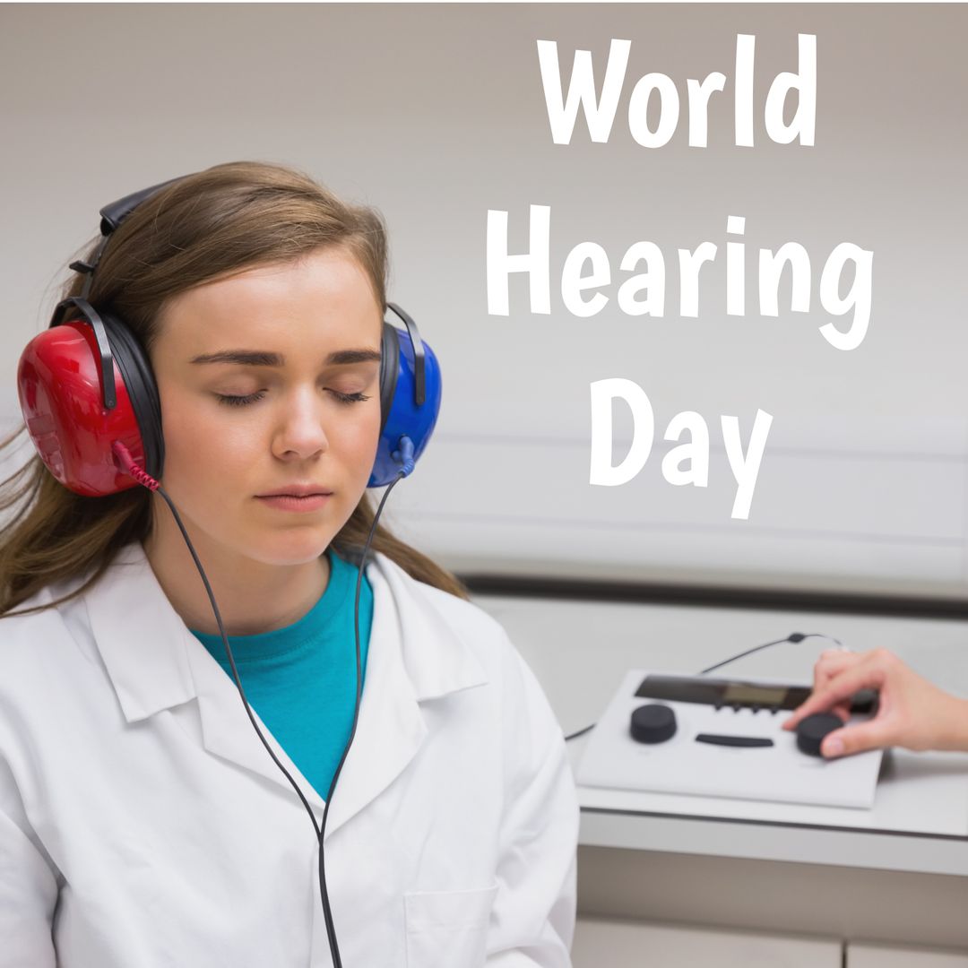Girl Undergoing Hearing Test with Red and Blue Headphones