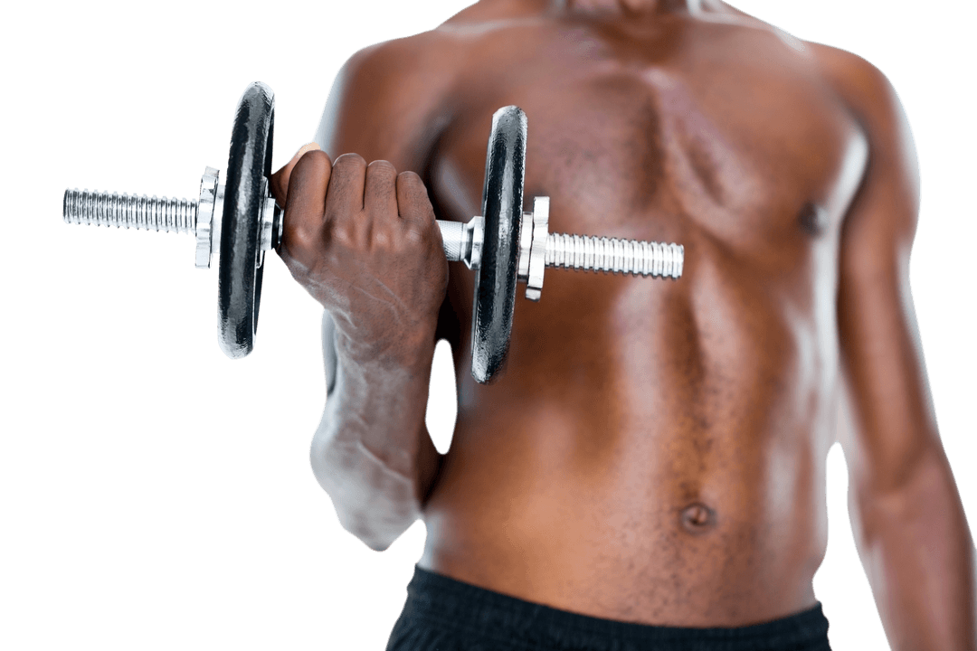 Transparent Shirtless Man Holding Dumbbell Midsection View