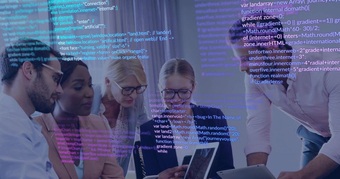 Diverse team collaborating around tablet and laptop with transparent code overlay for tech