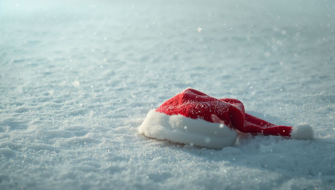 Santa hat resting on snowy field dusted with sparkling crystals winter holiday solitude