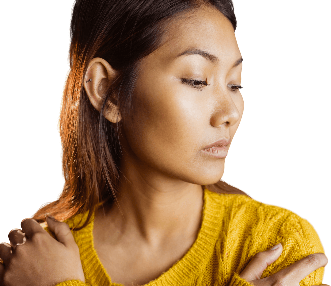 Transparent Background of Asian Woman in Yellow Sweater Looking Down