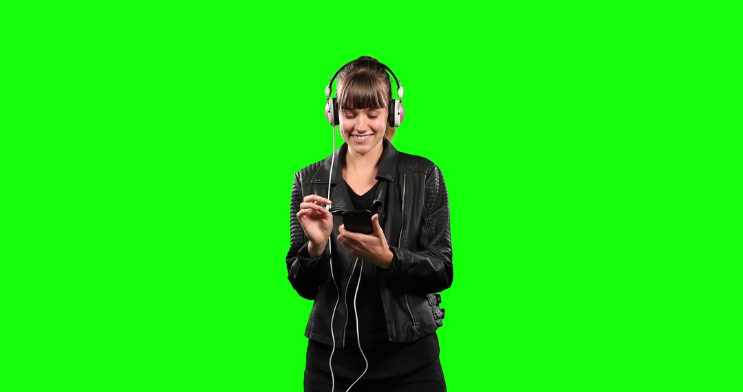 Young Woman Listening to Music Through Headphones on Green Screen - Free Images, Stock Photos and Pictures on Pikwizard.com