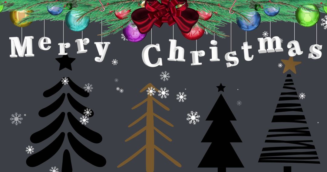 Festive Holiday Design with Hanging Ornaments and Trees