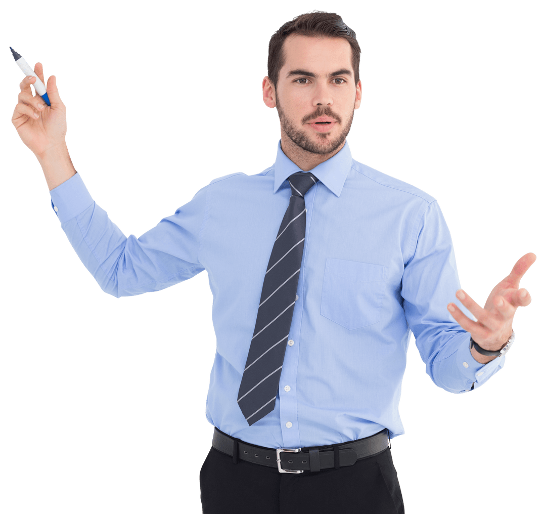 Transparent Businessman Speaking with Marker in Blue Shirt