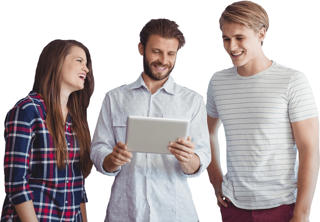 Transparent Team Discussing Ideas Using Tablet Together