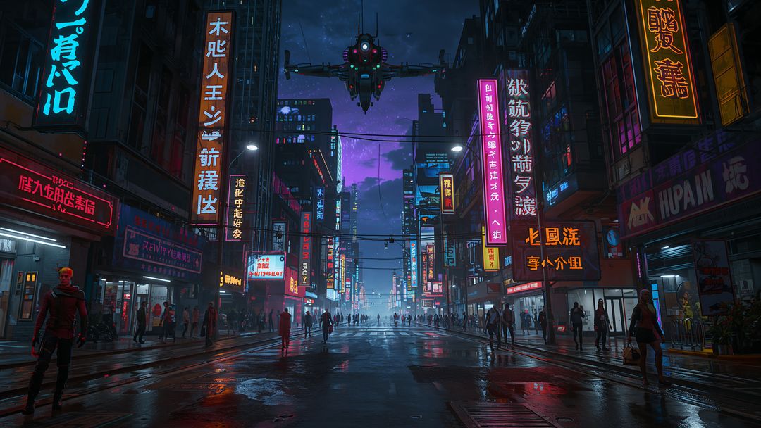 Futuristic Cyberpunk City with Hovering Drone and Neon Glow