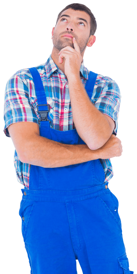 Thoughtful Handyman in Blue Overalls Transparent Background