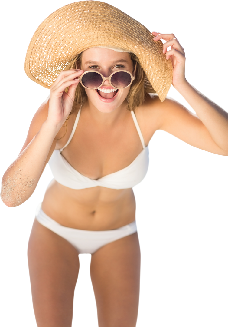 Smiling Caucasian Woman Wearing Swimsuit and Sunhat, Sunglasses on Transparent Background - Download Free Stock Images Pikwizard.com