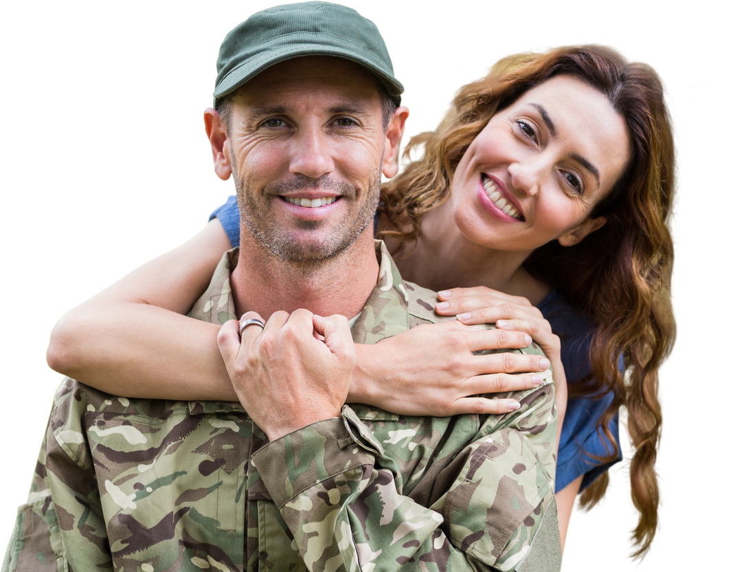 Smiling Caucasian Woman Embracing Male Soldier in Camo Uniform on Transparent Background - Download Free Stock Images Pikwizard.com