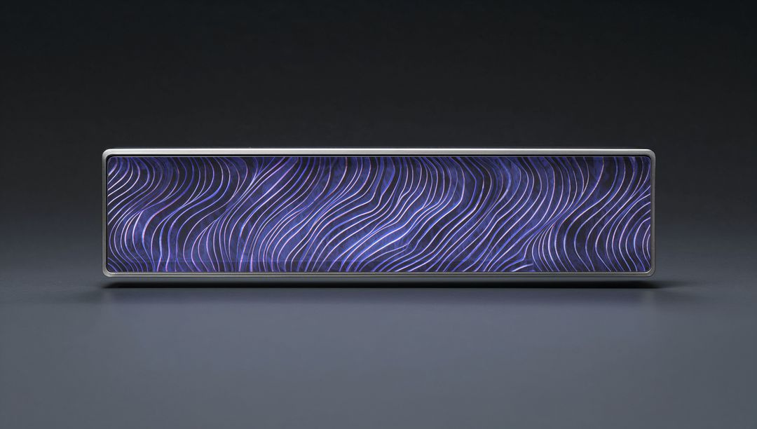 Slim rectangular LED panel glowing with purple-blue wave pattern on metallic bezel