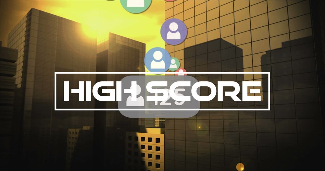 Rising Social Media Icons with High Score Text over Cityscape