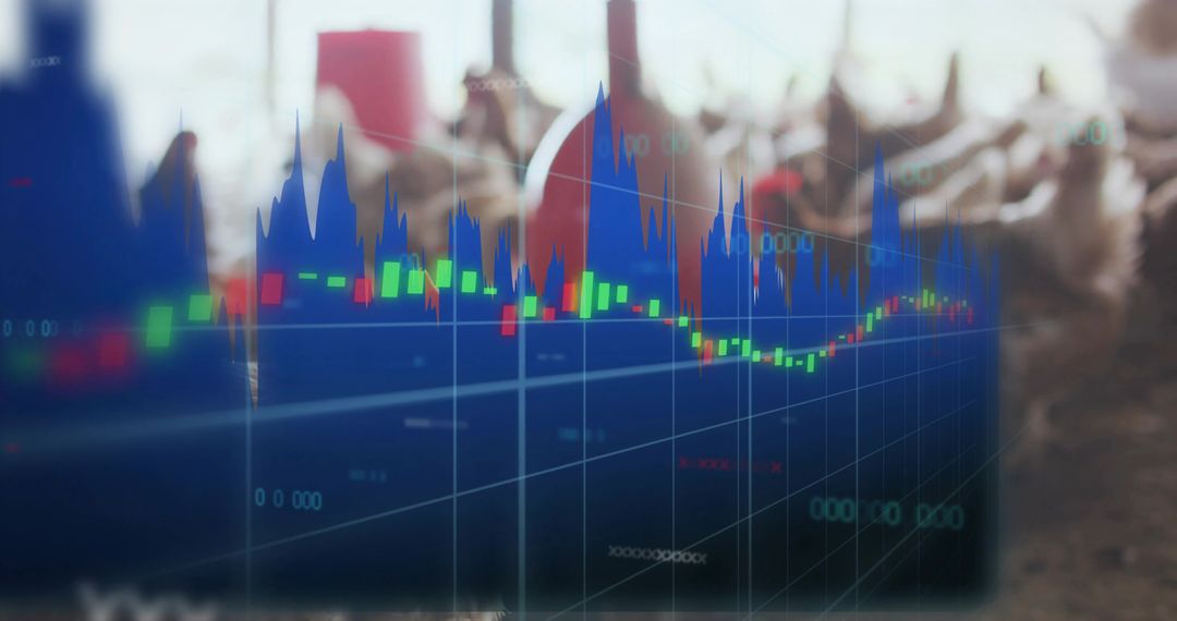 Market Data Overlay over Urban Crowd with Candlestick Chart, Blue Area Graph