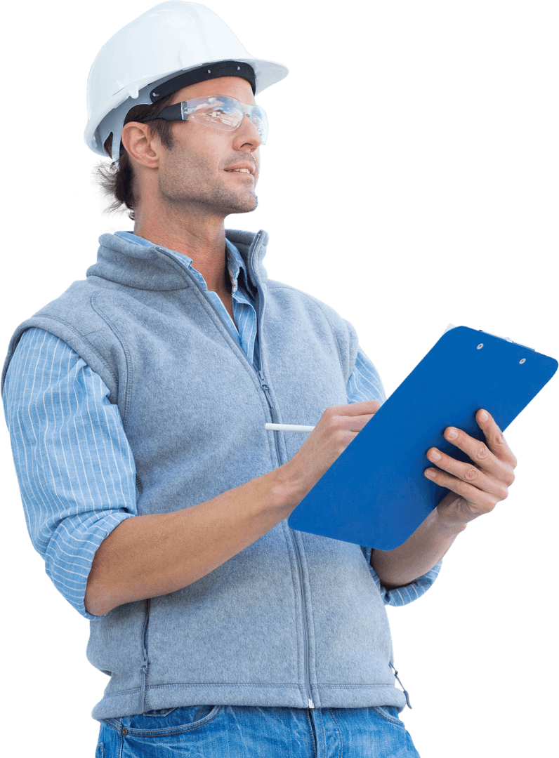 Transparent Engineer Holding Clipboard with Confident Expression