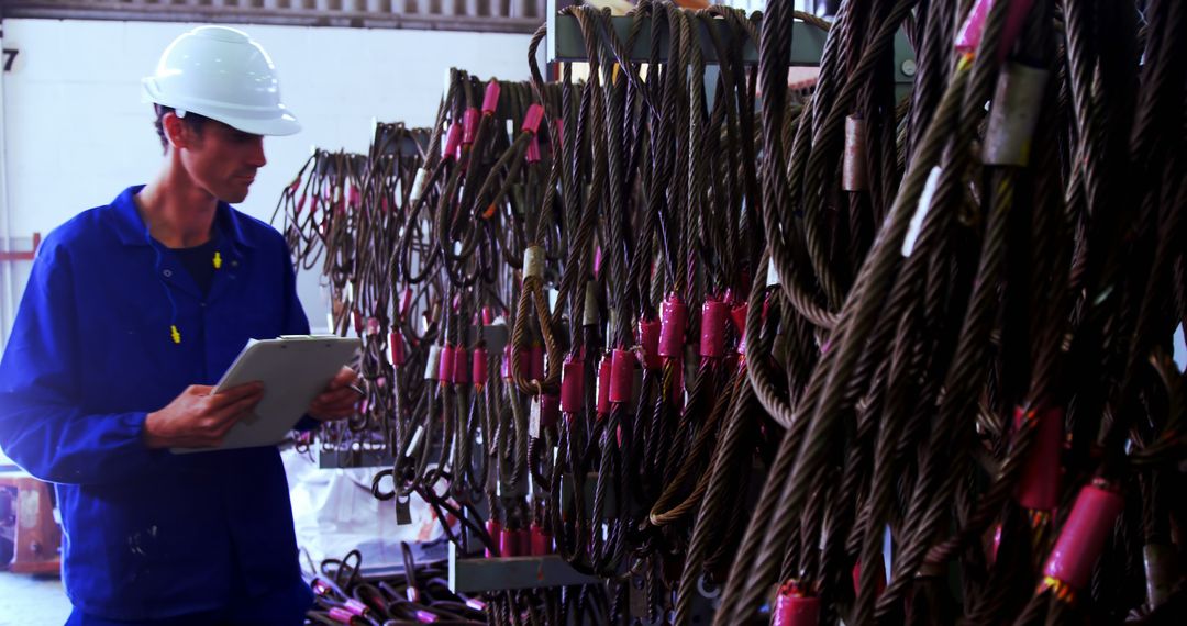 Engineer Inspecting Equipment Ropes at Industrial Plant - Free Images, Stock Photos and Pictures on Pikwizard.com