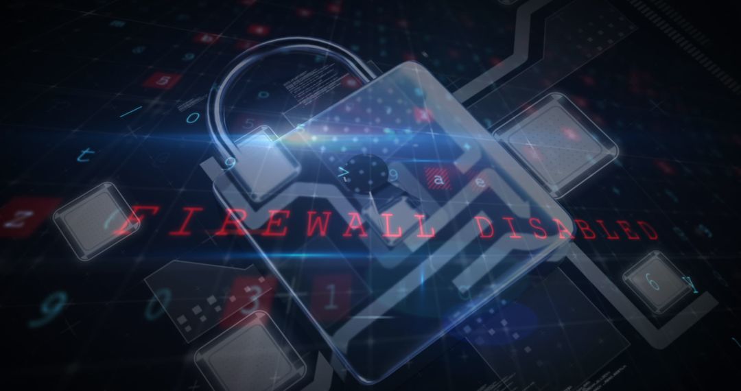 Digital Padlock with Firewall Disabled Warning on Dark Tech Background