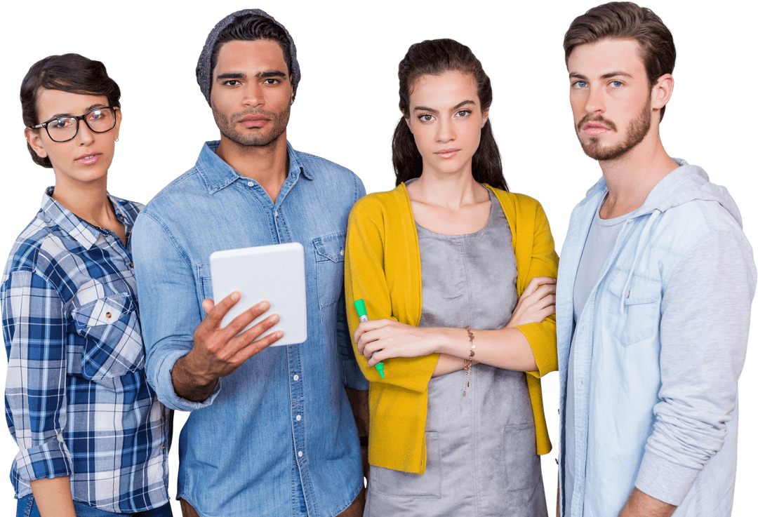 Confident Business Team Standing with Tablet Transparent Background