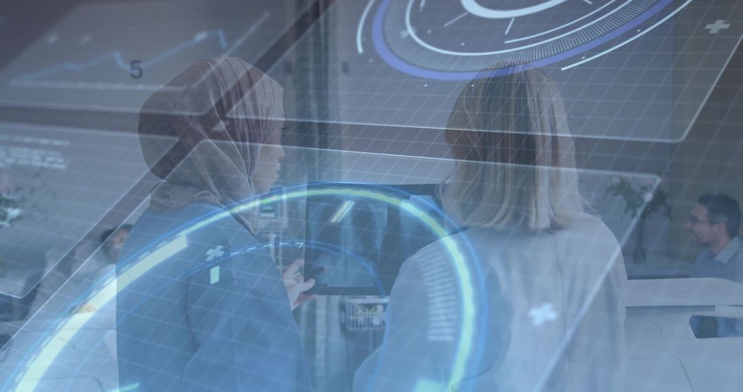 Colleagues Analyzing Holographic Display in Office Environment