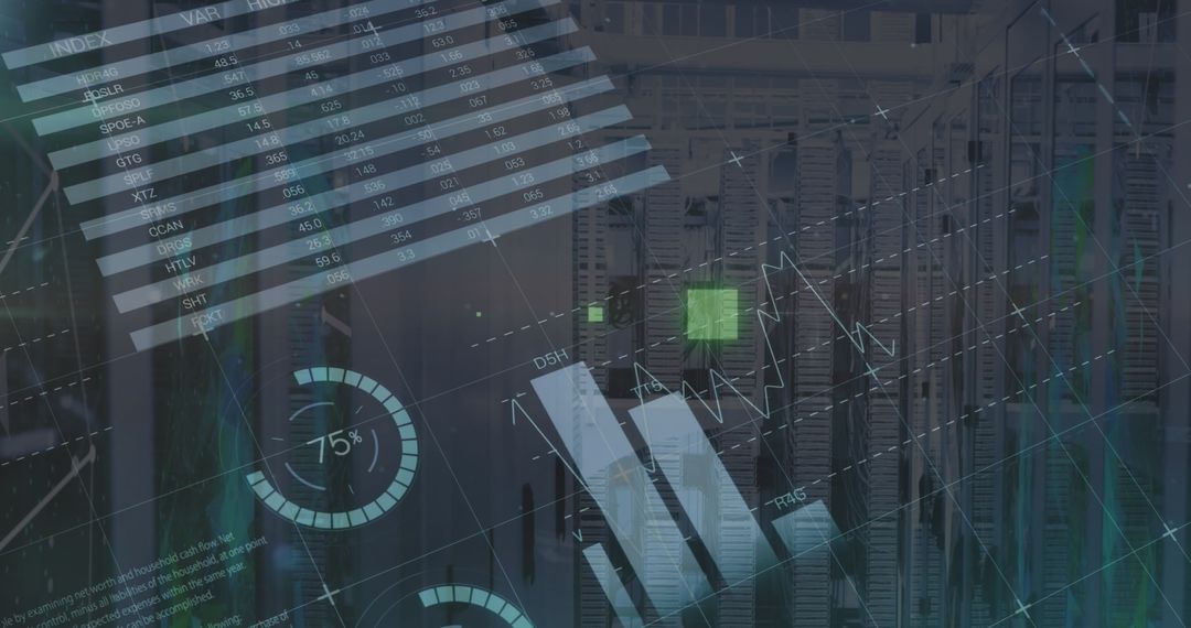 Futuristic Digital Interface with Data Servers and Graphs